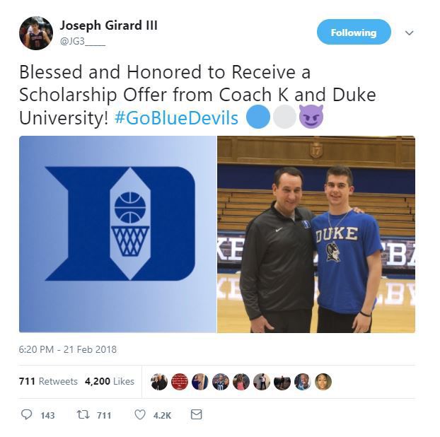 3. Girard adds offer from Duke and coach Krzyzewski